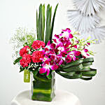 White Carnations & Orchids In Vase