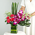 White Carnations & Orchids In Vase