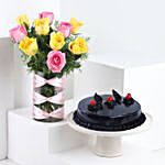 Pink & Yellow Roses Vase with Truffle Cake