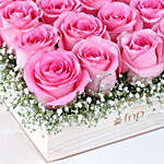 16 Pink Roses Arrangement In Wooden Base