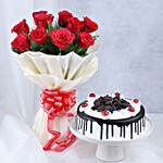 Happy Fathers Day Red Rose Bouquet and Black Forest Cake