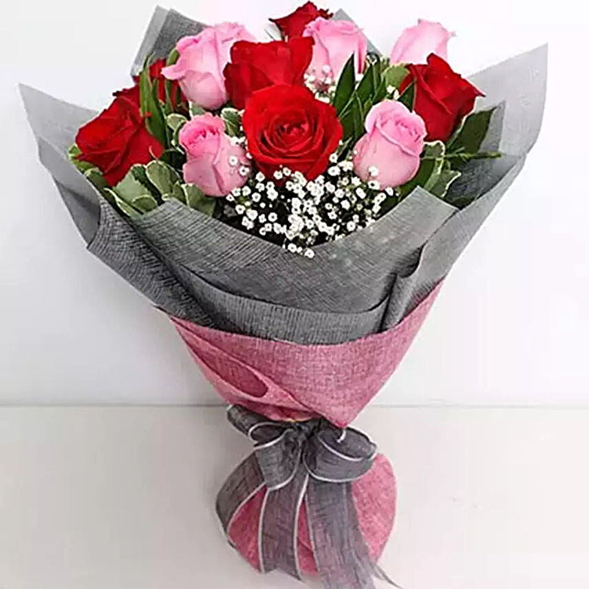 6 Pink And 6 Red Roses Bunch
