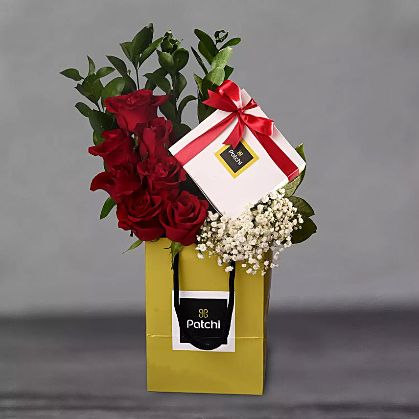 Red Roses And Patchi Chocolates Arrangement