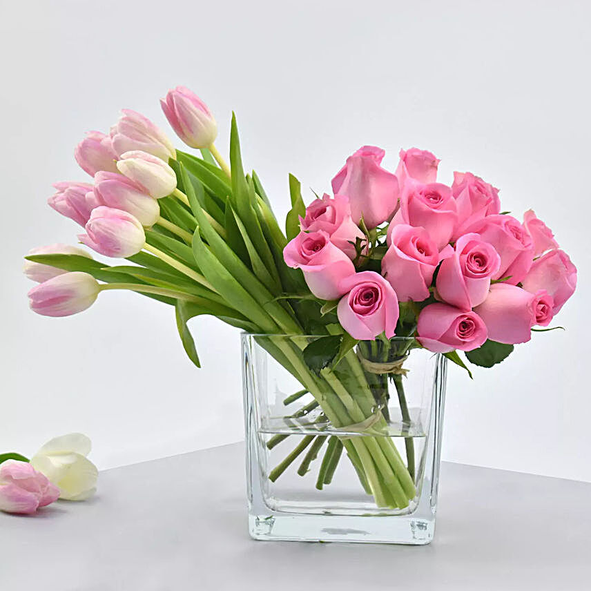 Roses And Pretty Tulips In Vase