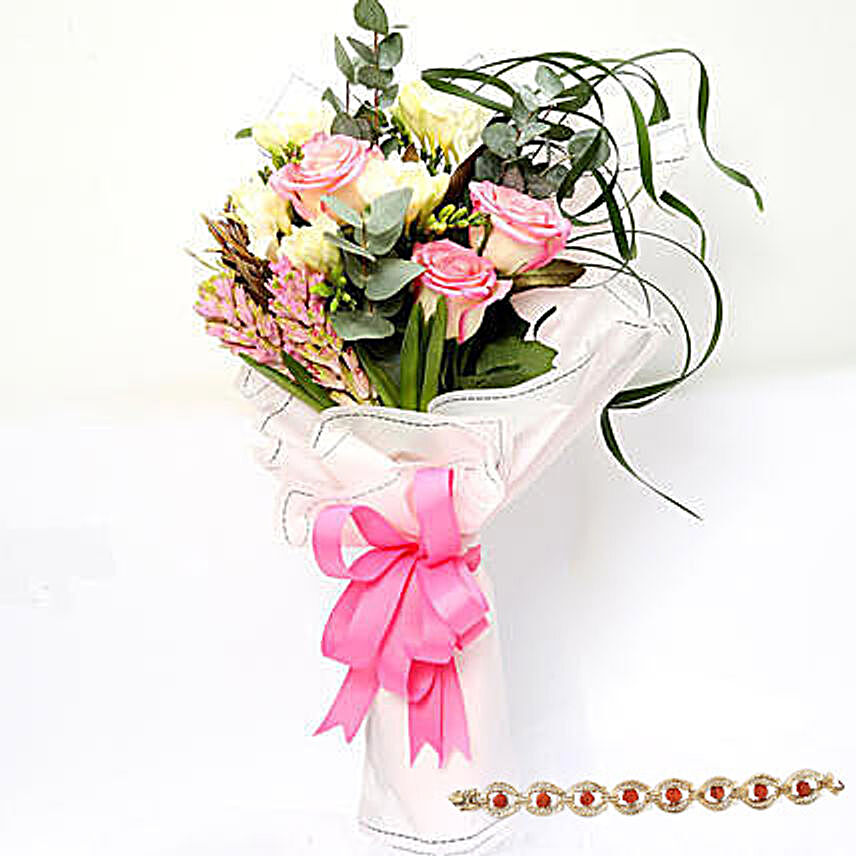 Endearing Roses And Freesia Bouquet With Rakhi