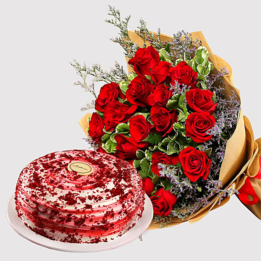 Red Roses and Red Velvet Cake Combo