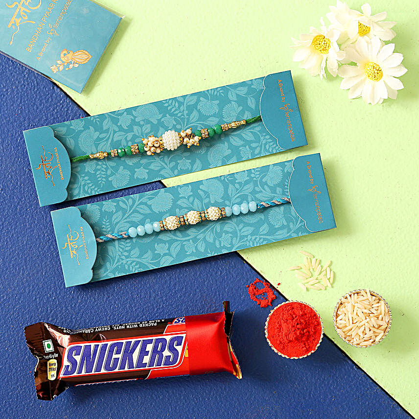 Green & Sea Blue Pearl Rakhis With Snickers