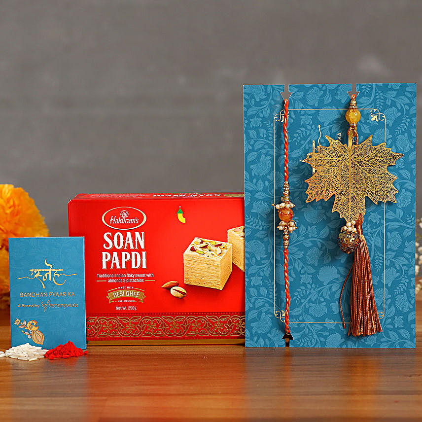 Maple Leaf Modern Lumba Rakhi Set With Soan Papdi