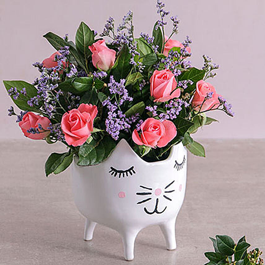 Pink Roses In A Cat Pot