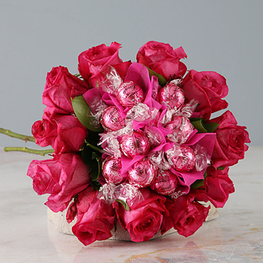 Pink Roses And Lindt Arrangement