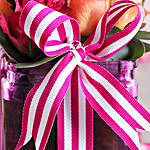 Cerise Rose And Ribbon In A Square Vase