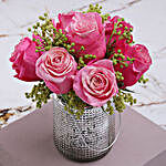 Cerise Roses In Silver Metallic Vase