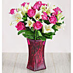 Roses And Lilies In Pink Flair Vase