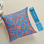 Sea Blue Pearl Rakhi And Floral Print Cushion