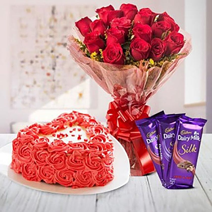 Red Rose Bouquet And Love Rose Cake Combo