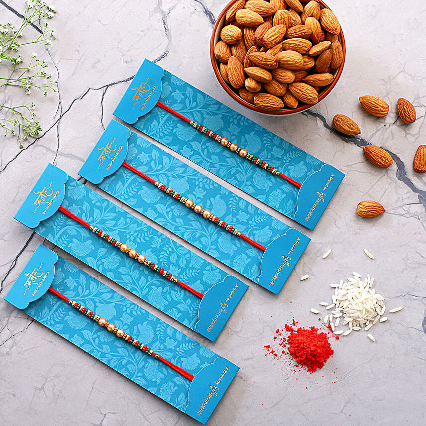 Pearl And Mauli Rakhis Set Of 4 With 100 Gms Almonds