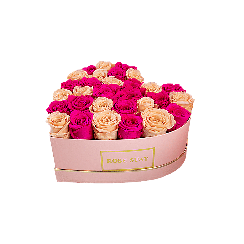 Champagne And Hot Pink Forever Roses Heart Box