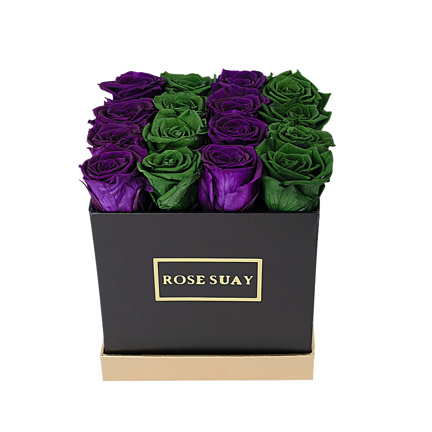 Juniper Green And Purple Forever Roses Box