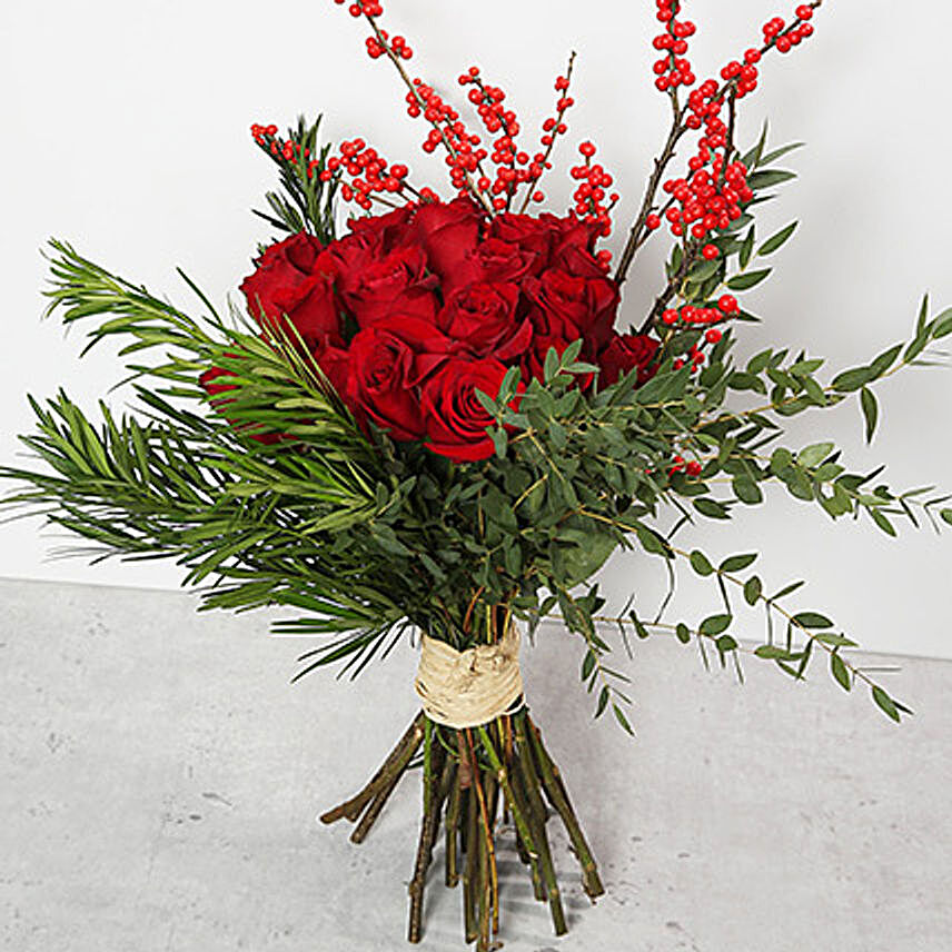 Red Roses and Ilex Berries Bouquet