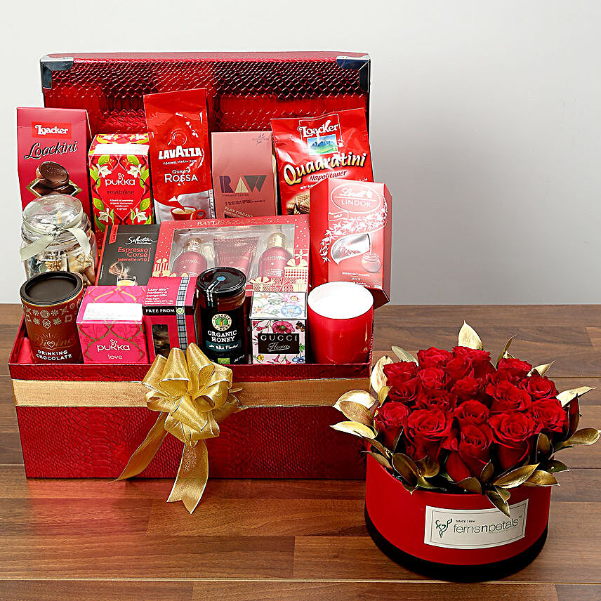 Delightful Food Hamper With Red Roses