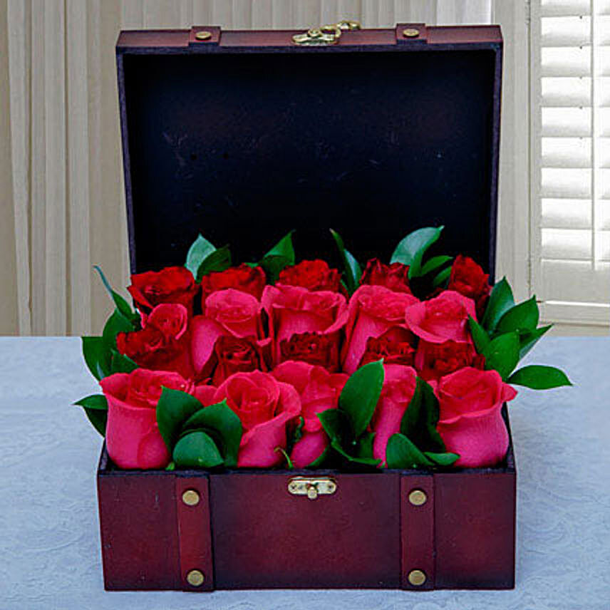 Pink and Red Roses Arrangement in Wooden Box