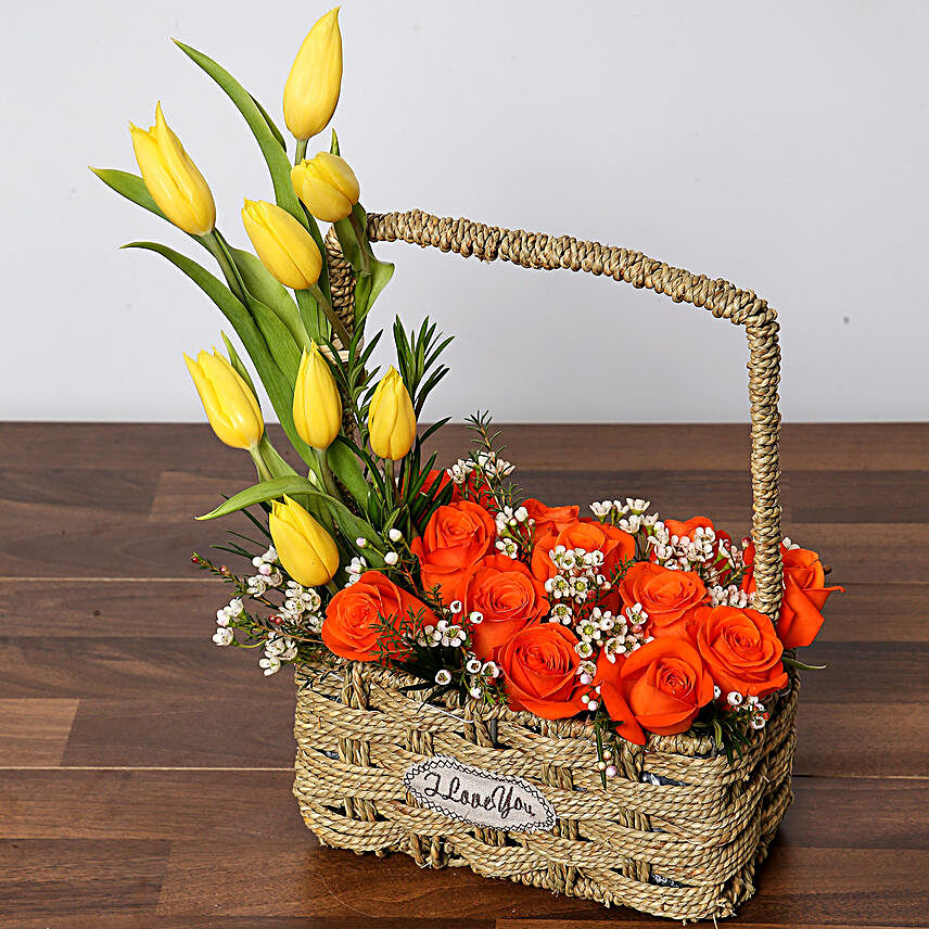 Orange Roses and Yellow Tulips Basket