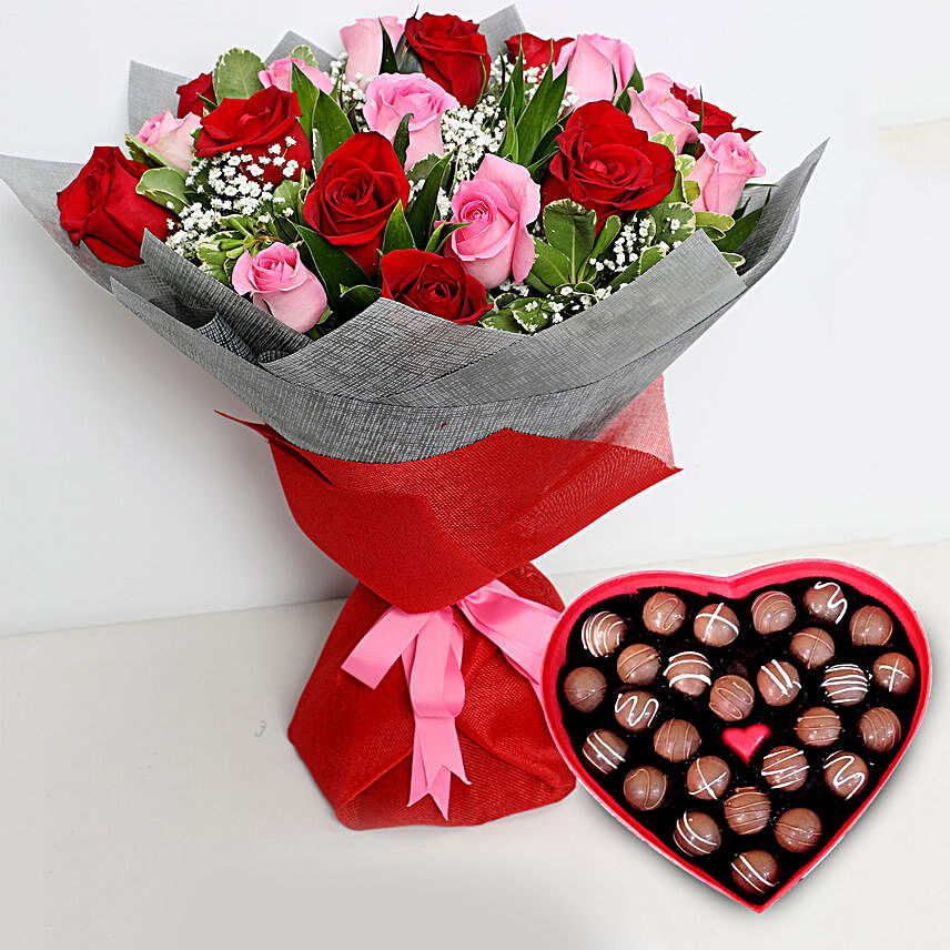 Pink and Red Roses Bouquet with Heartshape Chocolates