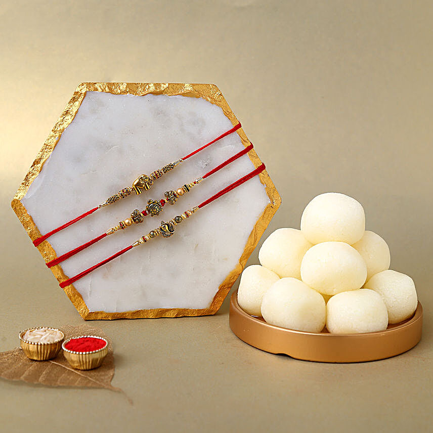Traditional Feng Shui Rakhi Set with 1 Kg Rasgulla Tin