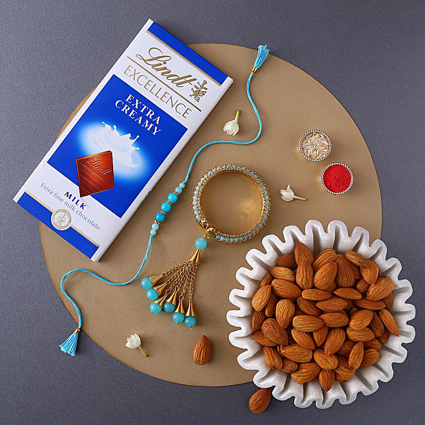 Sneh Blue Bangle Style Rakhi Set with Lindt Bar and Almonds