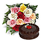 12 Multicolored Roses with Cake