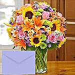 Mixed Flowers Vase Arrangement With Greeting Card