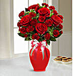 Red Roses and Carnations in Ceramic Vase