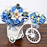 Blue N White Flowers In Cycle Basket and Cake