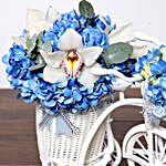 Blue N White Flowers In Cycle Basket and Cake