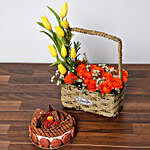 Orange Roses and Yellow Tulips Basket With Cake