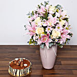 Pastel Coloured Mixed Flowers in Vase and Cake