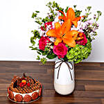 Vivid Mixed Flower Vase and Cake