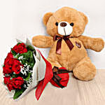 12 Red Roses Bouquet with Brown Teddy