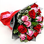 Pink and Red Roses Bouquet with Brown Teddy