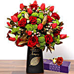 Red Tulips and Roses In Vase With Golden Rose