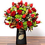 Red Tulips and Roses In Vase With Golden Rose