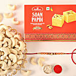Rose Gold Pearl And Beads Rakhi with 250 Grams Soan Papdi and Cashew
