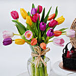 Multicolor Tulips with Chocolate Fudge Cake