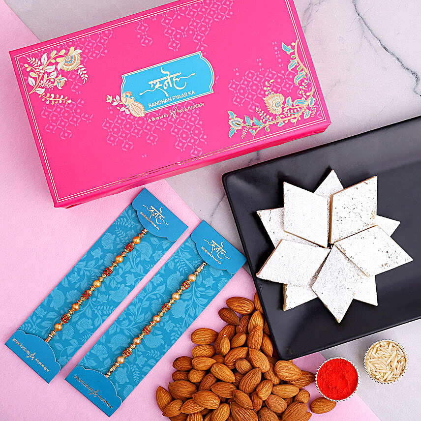 2 Pearl Studded Rakhis And Almonds With Kaju Katli