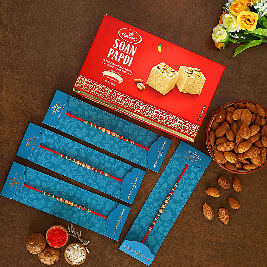 4 Pearl Mauli Rakhis With Soan Papdi And Almonds