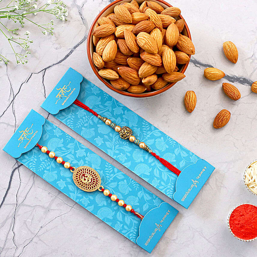 Lion Face And Om Rakhi Set With Healthy Almonds