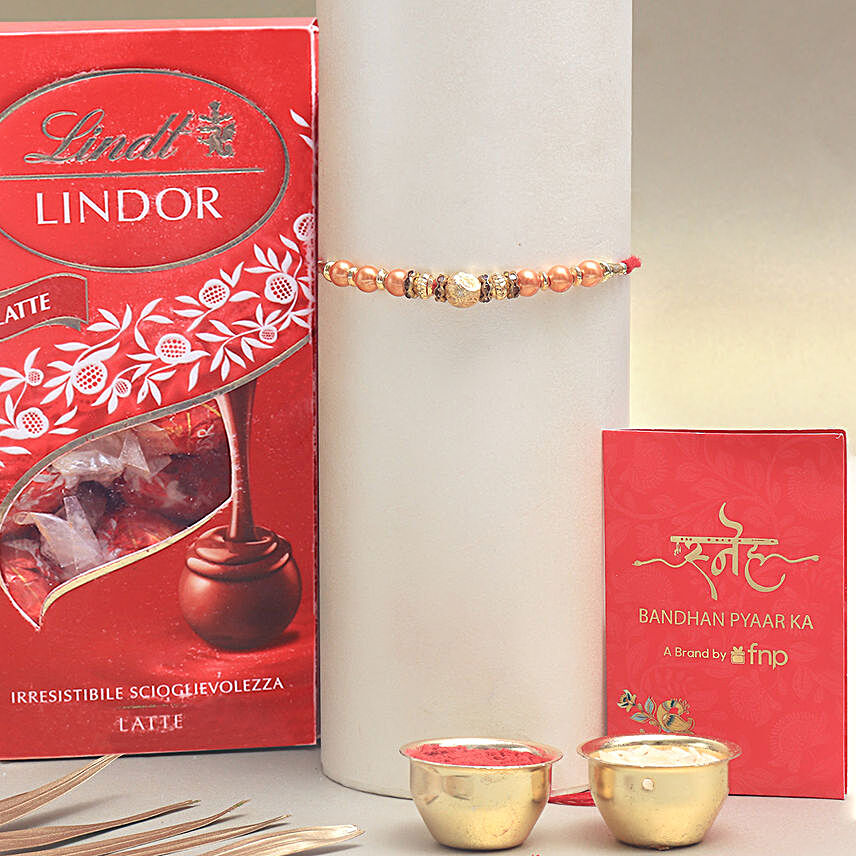 Sneh Rose Gold Pearl & Beads Rakhi With Lindt Premium Chocolates