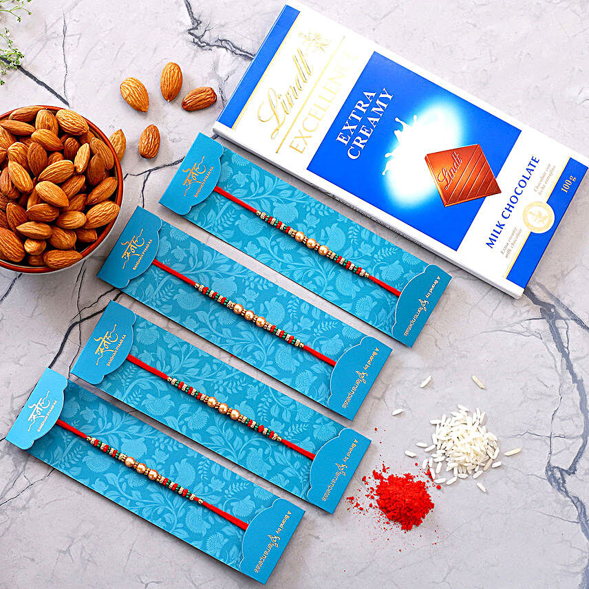 4 Pearl Mauli Rakhis With Almonds And Lindt Chocolate