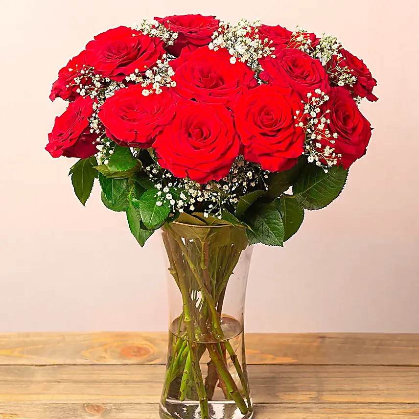 12 Red Roses With Gypsophilia