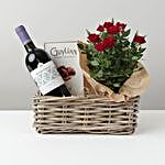 Basket Of Roses Chocolates N Wine